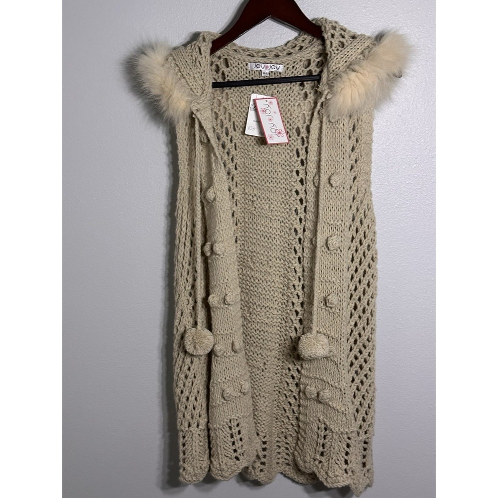 Joy Joy Gray Sleeveless Pompom Knit Vest‎ With Real Fur Hood L/M